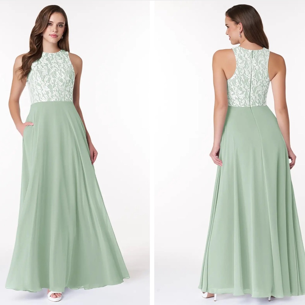 NWT Azazie Kate Bridesmaid Dress Lace Bodice‎ Formal Gown Dusty Sage A8 - Picture 6 of 15